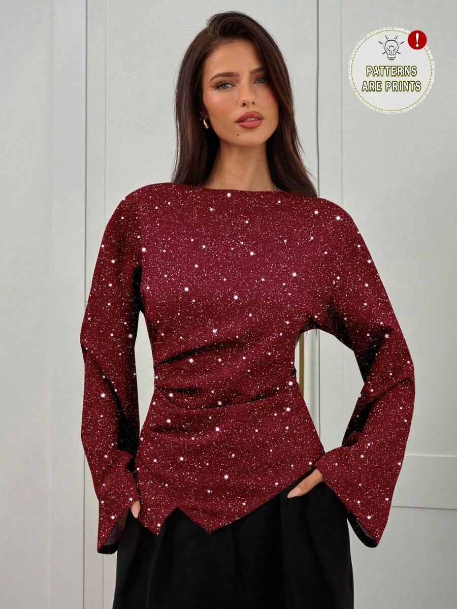 Aloruh Casual Minimalist Style Full-Width Red Faux Rhinestone Glitter Flat Print Pattern Women Off Shoulder Bell Sleeve Blouse, Suitable For Autumn/Winter, Party, Evening Spring - Multicolor - View 1