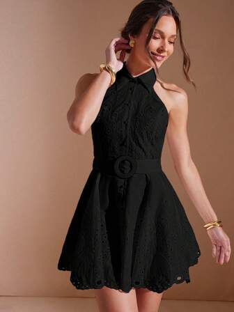 L'Amorae SCALLOP EYELET WOVEN MOCK NECK DRESS With BUCKLE