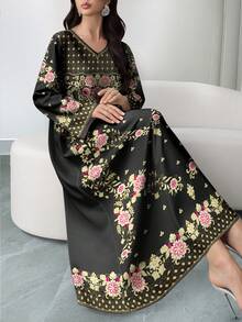 SHEIN Najma 女士花卉几何印花V领长袖优雅连衣裙，春秋季 - 彩色 - 查看 3