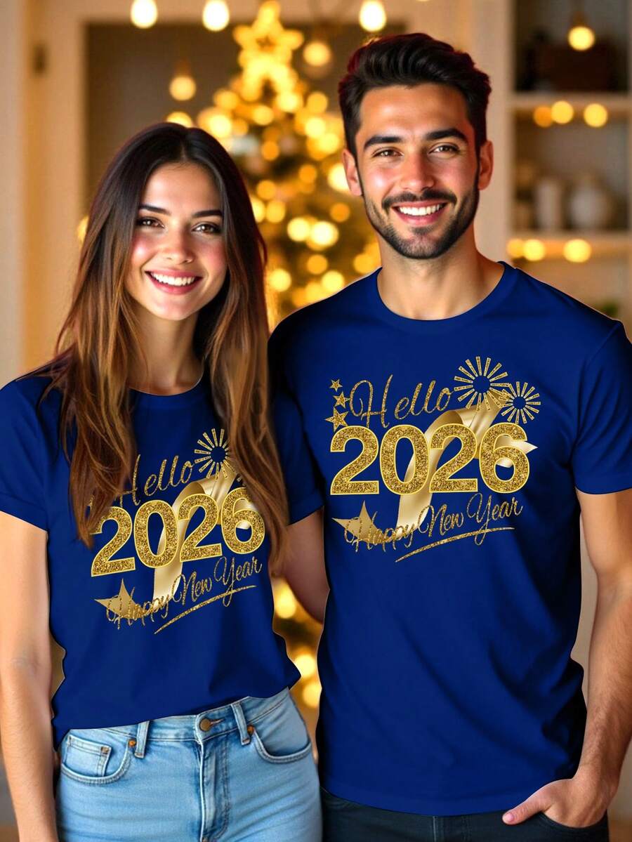 Manfinity Homme 男女通用 2026 新年快乐蓝色 T 恤,节日金色丝带元素 2026 新年限量版情侣圆领 T 恤 - 藍色 - 查看 1