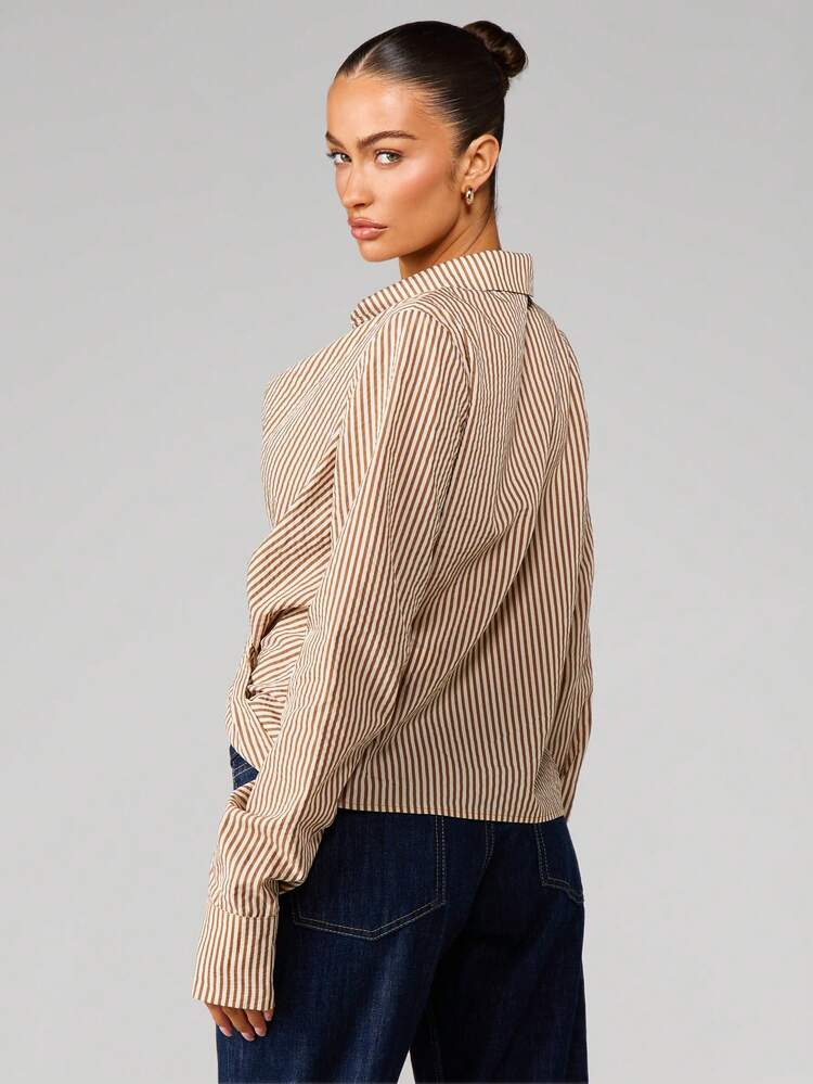 MISSGUIDED Striped Collared Button Front Long Sleeve Wrap Blouse With Cowl Neckline And Lace Bralette Detail For Office Casual Fall Winter