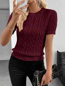 SHEIN Cottnline Blogger-Inspired Twist Rope Decor Round Neck Knit Sweater, Versatile For Autumn/Winter - Burgundy - View 8
