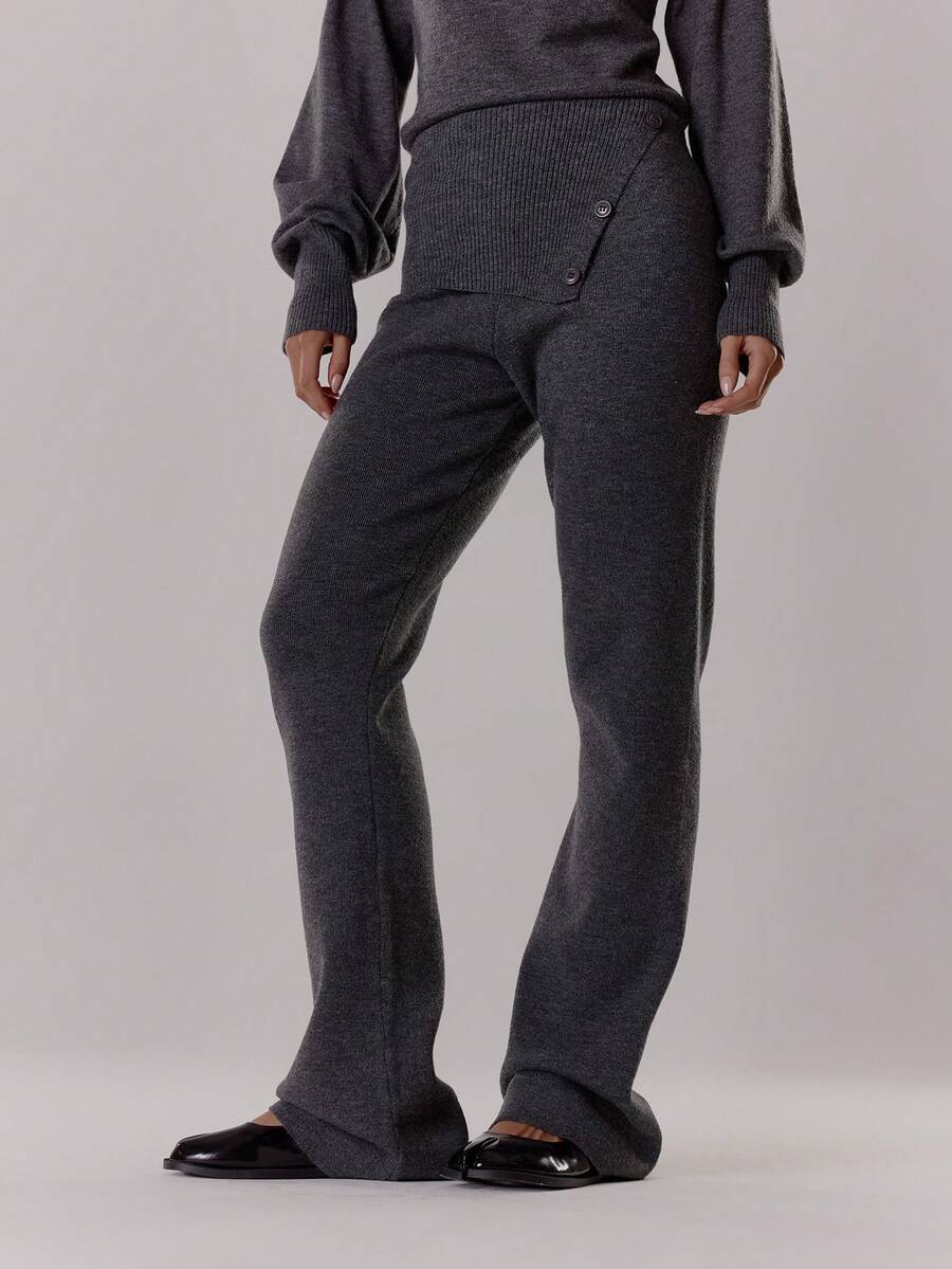 MUSERA 翻折纽扣腰带中腰喇叭针织裤，冬季针织衫，休闲外出日常夜生活性感可爱舒适 - 深灰色 - 查看 1