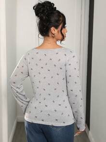 Modelyn Plus Size Women Bow Print 2 In 1 Long Sleeve Casual T-Shirt Gym Brown Autumn - Grey - View 3