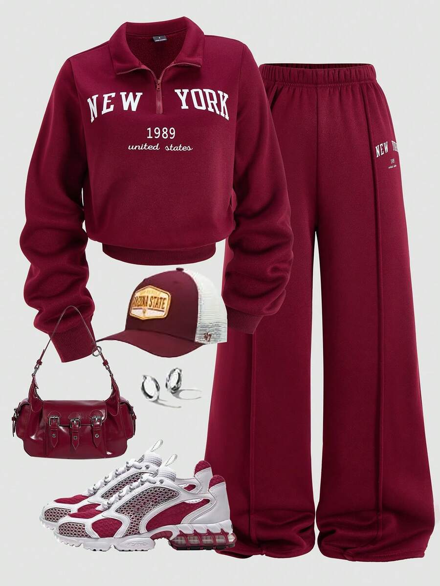 SHEIN Bộ đồ nữ 2 món, mẫu mới Thu/Đông, áo hoodie cổ đứng màu đỏ rượu vang có khóa kéo, phối cùng quần dài tay bo gấu, in chữ LA, thoải mái thường ngày, đồ đôi mẹ con. - Màu đỏ tím - Xem 1