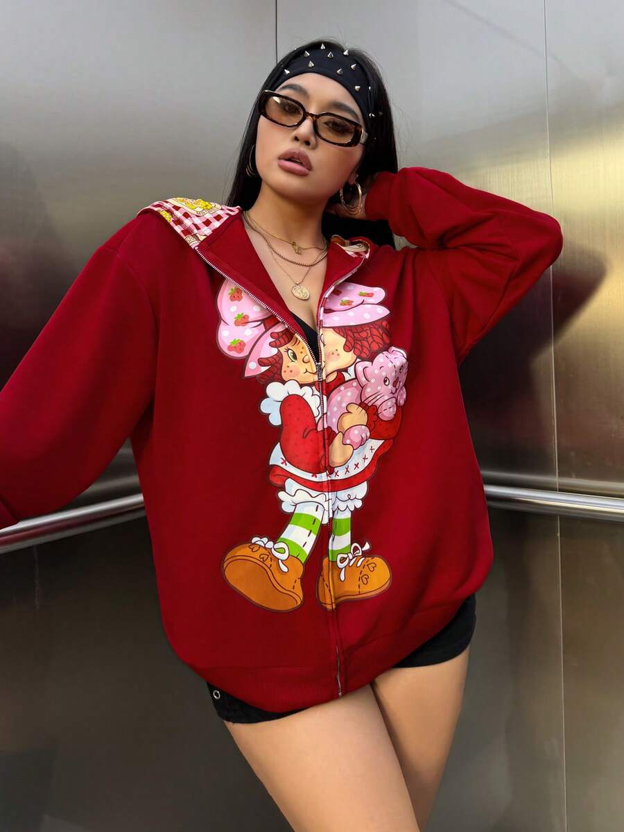 Strawberry Shortcake X SHEIN 大码女式休闲可爱卡通人物草莓格子印花落肩宽松拉链卫衣，春秋季樱桃草莓女装圣诞女装秋季女装冬季女装 - 紅色 - 查看 1