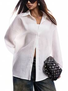 SHEIN EZwear Solid Drop Shoulder Shirt - White - View 1