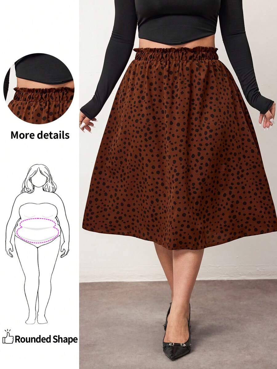 Enliva Plus Size Women Ruffle Waist All-Over Print Casual Skirt, For Apple Rounded Body Shape - Coffee Brown - View 1