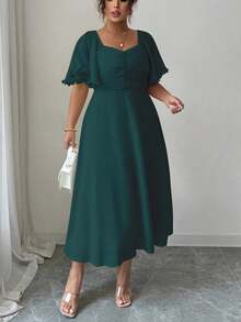 Modelyn Plus Size Dark Green Midi A Line Dress With Ruffle Hem Sweetheart Neck And Cloak Sleeves - Dark Green - View 6