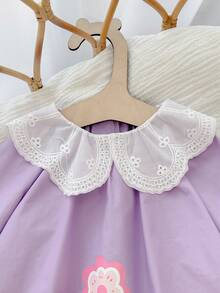 Cozy Pixies Baby Girl Embroidered Floral Print Round Collar Puff Sleeve Elegant Dress - Purple - View 4