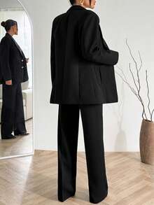 EURMUSE Women Button And Pocket Detailed With Lining Blazer Jacket And Pant Suit Sets - Black - View 2