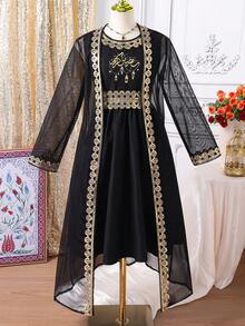 Đầm dài tay cổ tròn phối màu bằng vải lưới thời trang tối giản dành cho bé gái tuổi teen. - màu đen - Xem 9