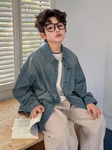 DAZY 男童纯色休闲长袖牛仔衬衫（春季款） - 淺色水洗藍 - 查看 2