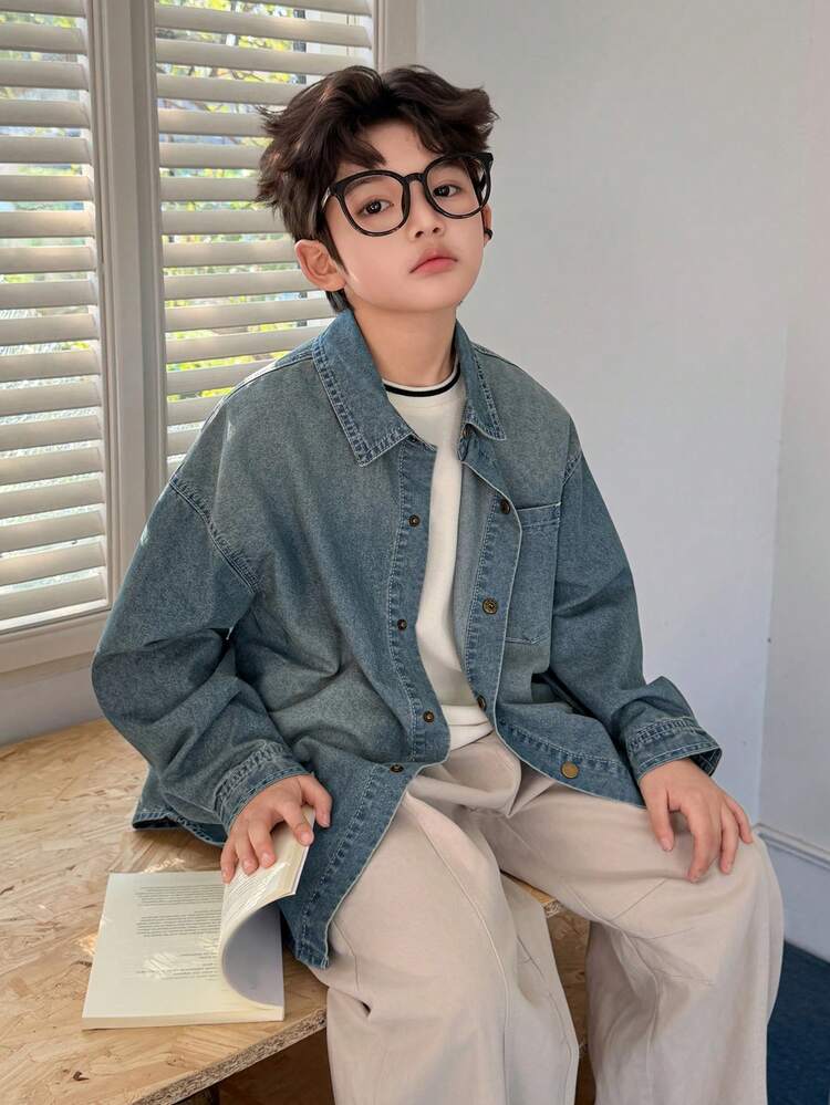 Tween Boys Solid Color Casual Long Sleeve Denim Shirt Spring