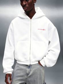 PLAYBOY X SUMWON 兔子标志全拉链连帽衫，带前袋，经典休闲街头风卫衣 - 白色 - 查看 3