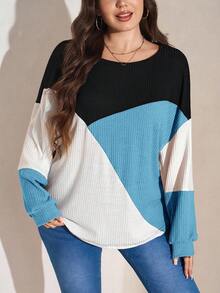 SHEIN LUNE Plus Size Casual Contrast Color Round Neck Lantern Sleeve Sweatshirt, Autumn Plus Size Fall Clothes - Teal Blue - View 1