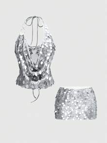 ROMWE Avant Bộ đồ hai mảnh gợi cảm phong cách Y2K dành cho nữ: áo crop top cổ yếm đính sequin và chân váy cạp trễ. - Bạc - Xem 1