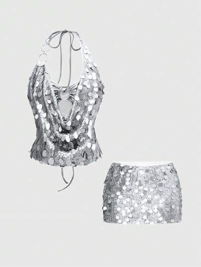 ROMWE Avant Ensemble 2 pièces vintage sexy Y2K, top court à paillettes et jupe taille basse pour femmes