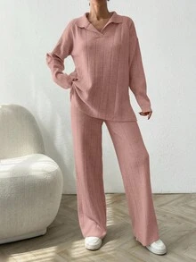 EURMUSE 2pcs Solid Color Ribbed Polo Neck Loose Fit Ribbed Sweaters - Dusty Pink - View 3