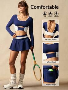 VARSIVA Women's Tennis Sets, Navy Blue And White Color-Blocked Long-Sleeved Mini Tennis Skirt Set, Backless Top, Suitable For Tennis, Gym, Yoga, Holiday, Casual, Spring, Summer, Autumn And Winter - Multicolor - View 2