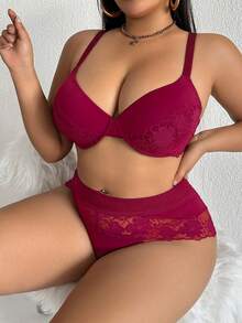 Bộ 2 món áo ngực và quần lót ren phối nhiều mảnh dành cho nữ cỡ lớn, màu tím. - Màu Đỏ Sâu - Xem 3