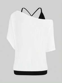 SHEIN LUNE 大码羽毛印花吊带短袖T恤图案T恤女式上衣 - 黑與白 - 查看 2