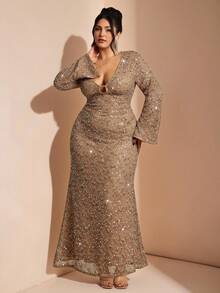 SHEIN BAE Vestido de mujer talla grande con cuello en V, cintura ceñida y mangas acampanadas, elegante para otoño - Multicolor - Ver 1