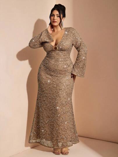 SHEIN BAE Plus Size Women Elegant V-Neck Waist Cinched Flare Sleeve Dress, Autumn,Christmas Outfit For Women ,New Year's Outfit For Women,Elegant Dresses For Party,Party Dresses,Beach, Elegant Dresses For Women,Casual,Plus Size Woman Dresses,New Years Eve Dress,Formal Gowns For Women Evening Elegant,Plus Size Women Clothes,Wedding Dress,Birthday Party,Music Festival,Plus Size Outfit,Curve,Sequin Dress,Sparkly Dress,Glitter Dress