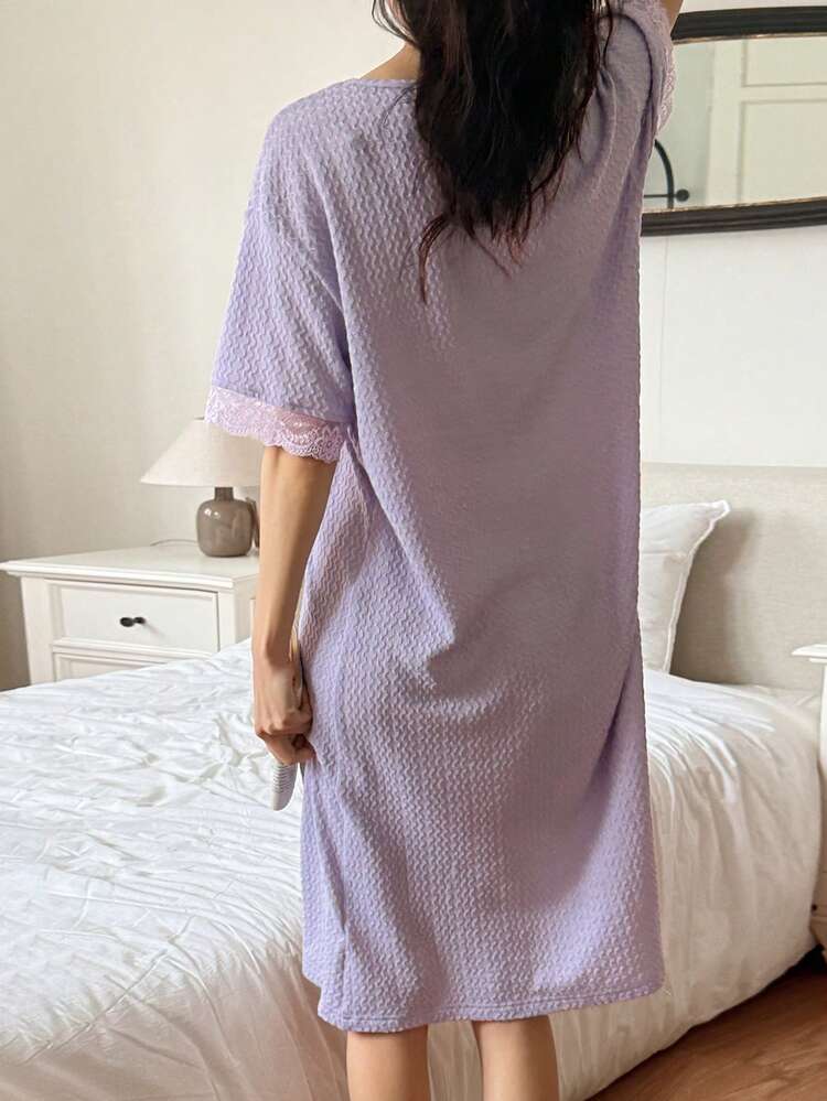 Women's Textured Knit Fabric Lace Patchwork Nightgown