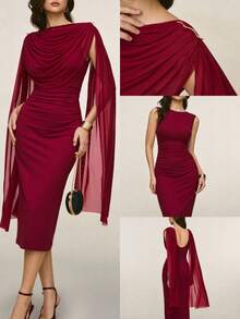 Poéselle Women's Burgundy Summer Elegant Dining Two-Piece Set,Ruched Shawl Top & Sleeveless Slim-Fit Midi Dress With Gold Brooch,Wedding Cocktail Party Outfit - Burgundy - View 1