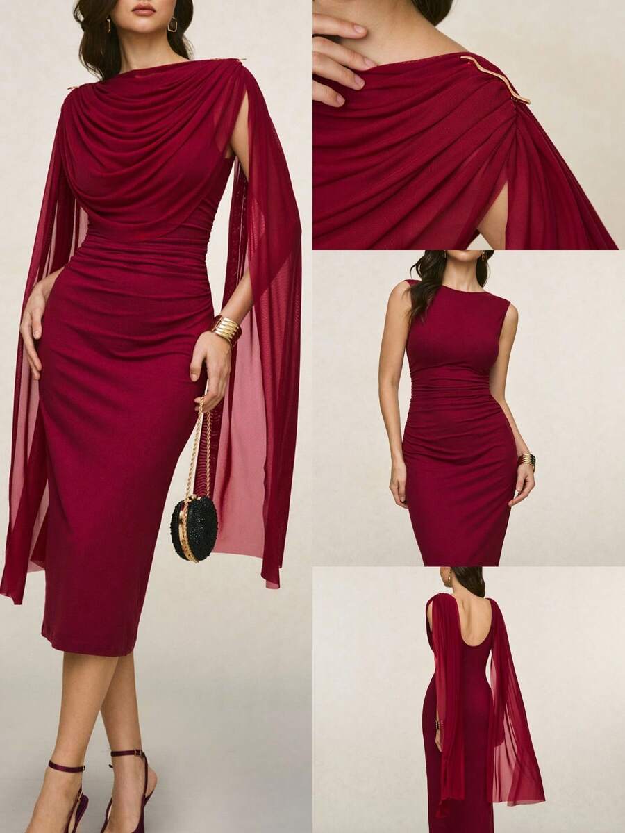 Poéselle Women's Burgundy Summer Elegant Dining Two-Piece Set,Ruched Shawl Top & Sleeveless Slim-Fit Midi Dress With Gold Brooch,Wedding Cocktail Party Outfit - Burgundy - View 1