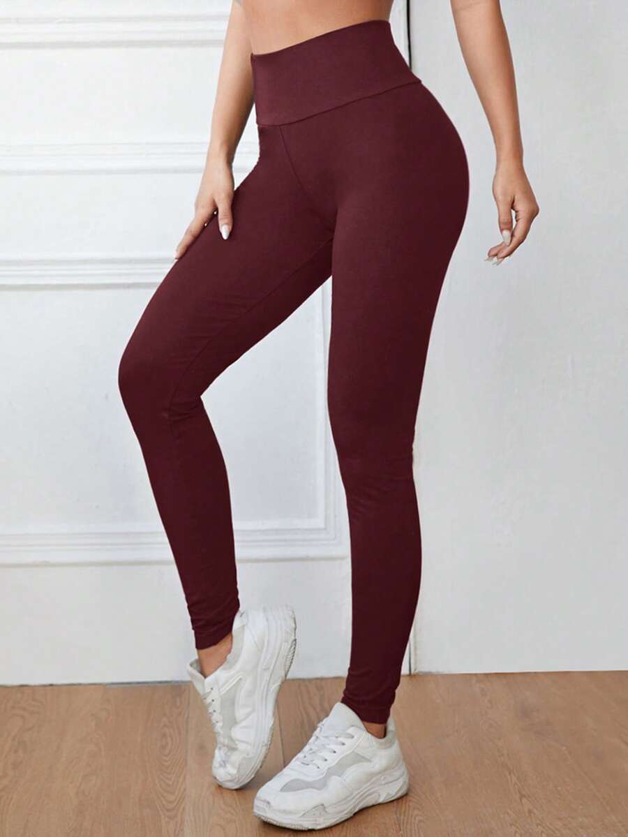 SHEIN EZwear 女士纯色弹力腰针织打底裤 - 酒紅色 - 查看 1