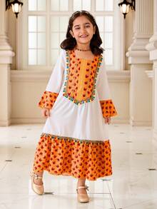SHEIN Girls'Traditional Style Patchwork Colorful Tassel Hem Design Arabic Dress,White,Autumn,Family Matching Jalabiya Modest Thobes Dress For Kid Girls - Multicolor - View 5