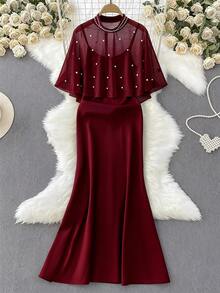 Cravure Bộ đồ 2 mảnh cỡ lớn bằng vải chiffon nhẹ, cổ cao, đính ngọc trai không đều, kết hợp với áo choàng và áo hai dây cạp chun mềm mại, dáng đuôi cá, thanh lịch cho dạo phố, hẹn hò, dự tiệc, buổi tối hoặc tiệc trà chiều. - Màu Đỏ Sâu - Xem 3