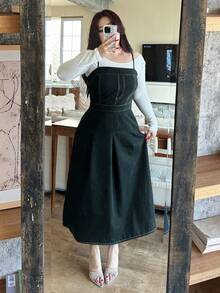 Dazy Plus 复古水洗弹力修身褶裥无袖牛仔吊带裙，适合春夏秋季休闲穿着 - 深色水洗藍 - 查看 4