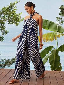 Travachic 女士露背吊带印花连体裤，适合春夏度假 - 藏蓝色 - 查看 3