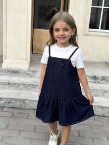 Elladie kids 女童休闲牛仔连衣裙，春夏款，深蓝色，细肩带蝴蝶结设计，荷叶边下摆，宽松牛仔背带裙，面料柔软舒适，适合上学、通勤和日常外出穿着。 - 深色水洗藍 - 查看 7