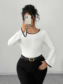 SHEIN PETITE CURVE Kaos Lengan Panjang Ukuran Besar Kasual dengan Dekorasi Pita Warna Kontras - Hitam dan Putih - View 4
