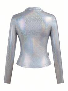 Y2Kool 女士亮片金属长袖圆领T恤上衣，适合派对、万圣节、节日、晚宴等场合。银色长袖T恤，银色上衣，女士金属上衣，闪亮上衣，银色衬衫，冬季搭配灵感，亮片上衣，时尚服装系列，新年穿搭。 - 銀色 - 查看 2