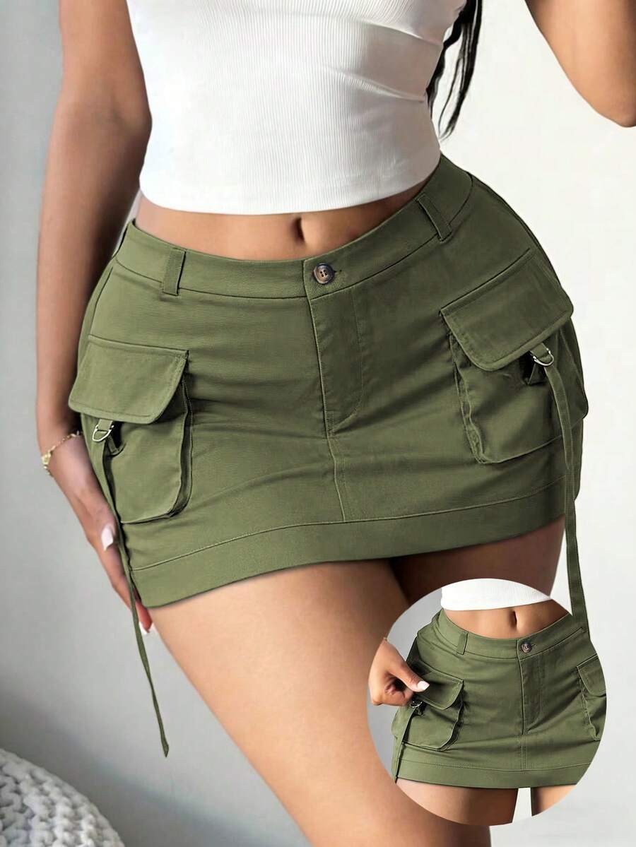 Maweii Plus Size Solid Color Casual Style Cropped Fitted Mini Skirt, Summer - Army Green - View 1