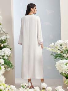 Al Najma Vestido holgado de estilo árabe con mangas acampanadas y bordado de perlas falsas para mujer - Albaricoque - Ver 3