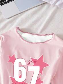 Tween Girls 5-Star & Heart Leopard Print 2-Piece Pajama Set, Pink T-Shirt With Frill Trim And Loose Fit Allover Print Pants, Spring/Autumn - Pink - View 5