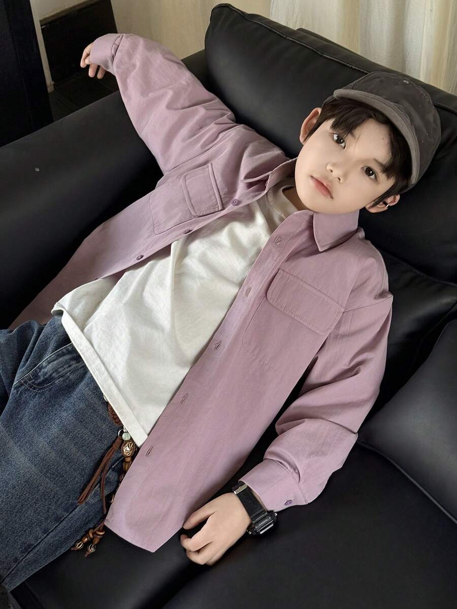 DAZY Tween Boys' Casual Solid Color Minimalist Button-Down Long Sleeve Shirt - Purple - View 1