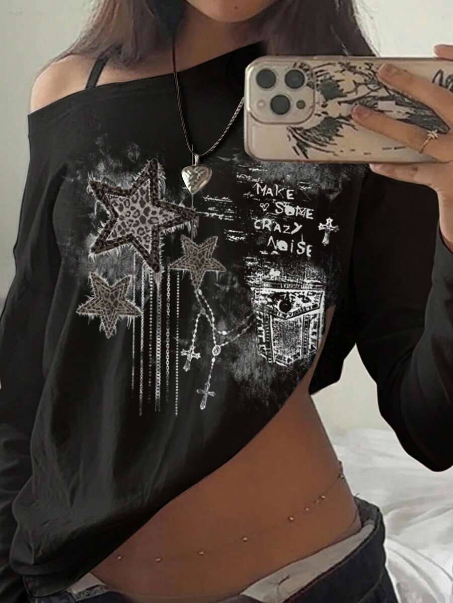 SHEIN EZwear Áo thun dài tay in họa tiết, cổ tròn rộng, viền bèo nhún, kiểu dáng gợi cảm, vai lệch, hàng mới về mùa thu dành cho nữ. - màu đen - Xem 1