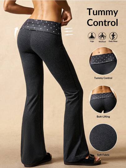 VARSIVA Fold Over Yoga Pants For Women, Polka Dot , Elastic Waist Low Rise Straight Leg Sweatpants Y2k Black Stretchy Loose Gym Lounge Leggings, Suitable For Yoga, Fitness, Casual Wear And Holiday, Suitable For Spring Summer Fall And Winter