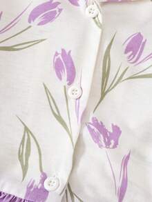 Set Piyama Lengan Panjang Rajut Kasual Lucu Motif Bunga Aprikot untuk Bayi Perempuan - Purple - View 6