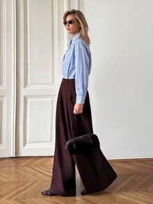 Ontre 2026春夏新款女装，情人节女士长裤，梭织面料，酒红色，宽松版型，适合办公室、外出、商务休闲、冬季、独立日、都市时尚、简约通勤风，舒适优雅的女士长裤，适合教师节、下午茶、派对、日常休闲纯色畅销款、办公穿着、节日穿着、返校季穿着，轻盈度假风，纽扣闭合，日常休闲女士长裤，时尚女士长裤 - 酒紅色 - 查看 6