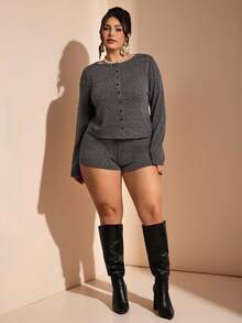 SHEIN BAE Bộ 2 món áo dài tay và quần short màu đen và xám cỡ lớn dành cho nữ, thanh lịch và thời trang - Màu xám đen - Xem 3