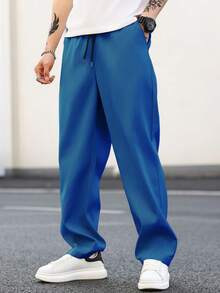 Manfinity Homme 男士纯色抽绳腰带口袋宽松休闲锥形裤，百搭 - 寶藍色 - 查看 4