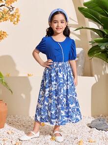 SHEIN Girls Middle Eastern Style Beaded Blue Top + Colorful Paisley Print Skirt Spring/Summer Set - Multicolor - View 4